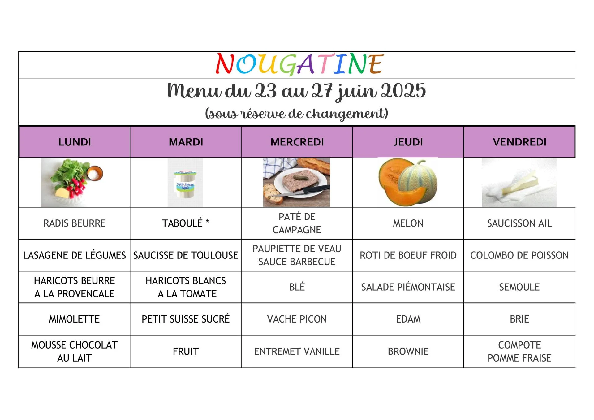 Menu du 23 au 27 juin
