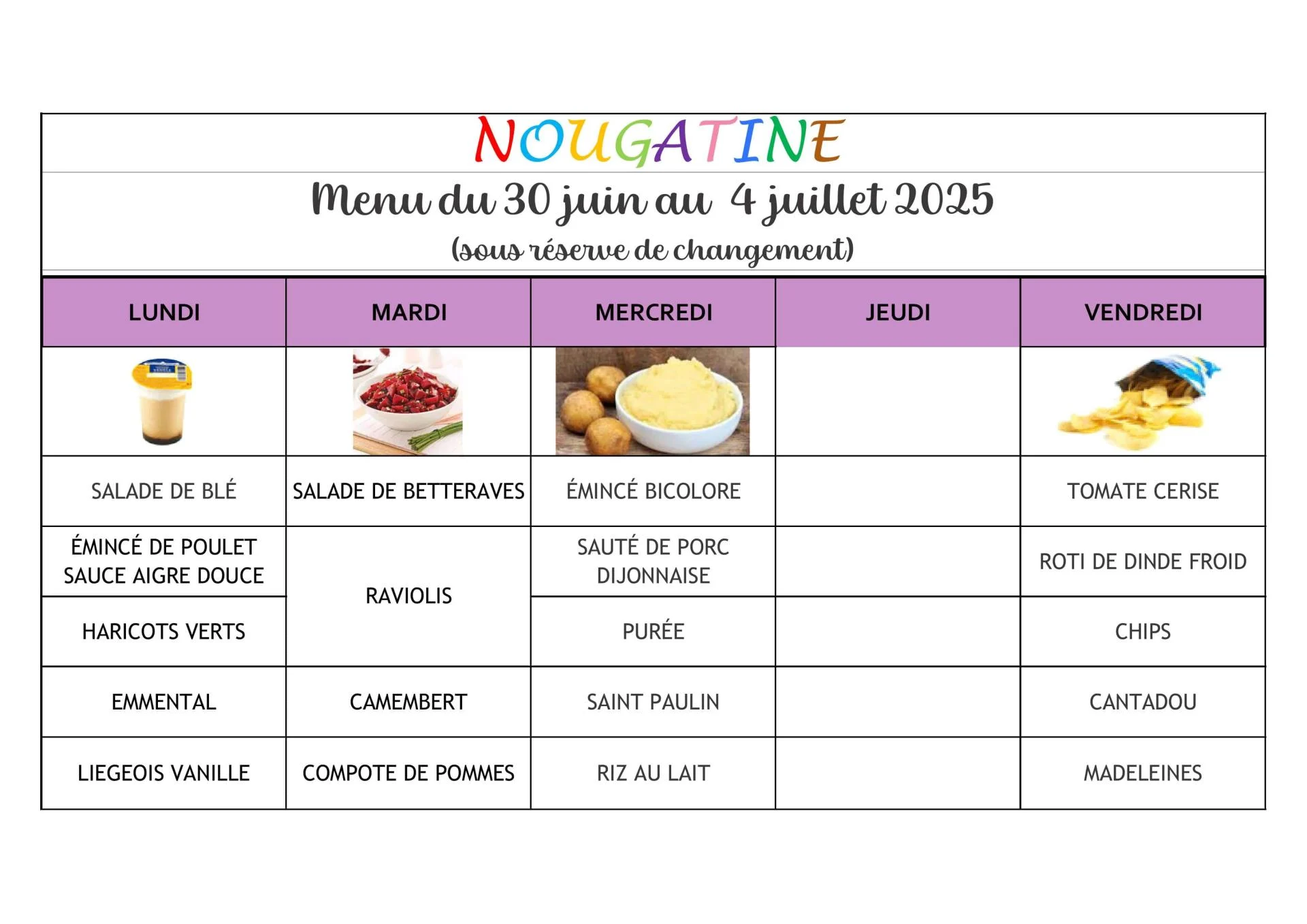 Menu du 30 au 4 min